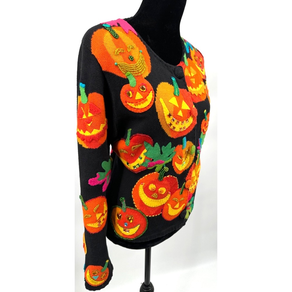 Michael Simon Womens Crew Neck Cardigan Medium Black Halloween Pumpkin Cotton - Picture 7 of 13